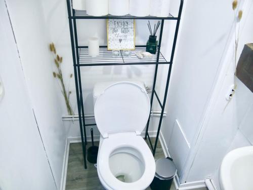 a small bathroom with a toilet with two shelves at Soul House in Sens
