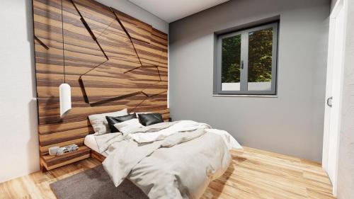 1 Schlafzimmer mit 2 Betten und einer Holzwand in der Unterkunft Green Luxury with heated pool, jacuzzi & sauna in Ružići