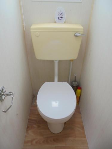 a small bathroom with a white toilet in a stall at 6 Berth on Golden Sands (Westbrook Tahiti) in Ingoldmells