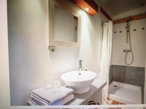 bagno con lavandino bianco e doccia di La maison bleue Canelle a Laval-Roquecézière