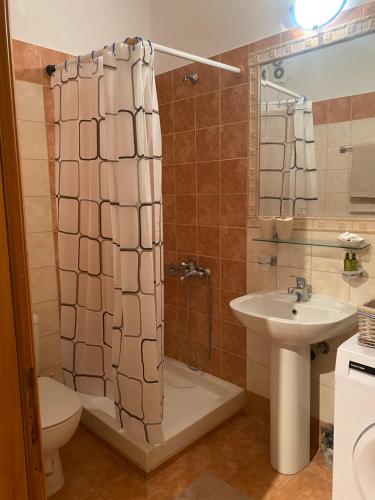 a bathroom with a shower curtain and a sink at Seavota Comfort Apartment in Sivota