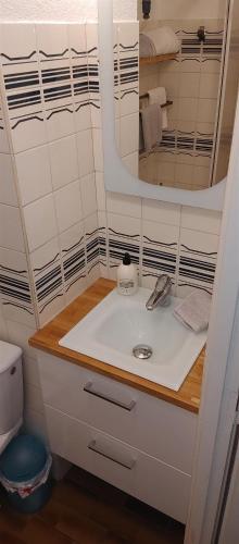 łazienka z umywalką i lustrem w obiekcie Appartement double avec chambre séparée - Village naturiste Héliopolis Cap d'Agde w Cap d'Agde