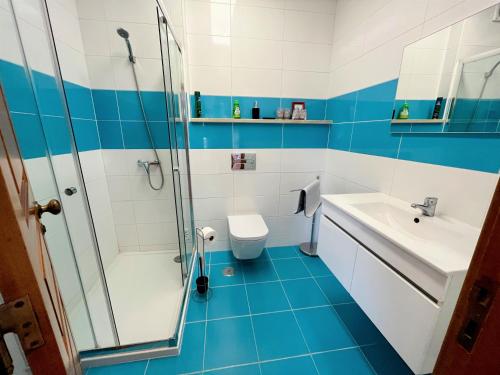 a blue and white bathroom with a toilet and a sink at Sun&Zen in São Martinho do Porto