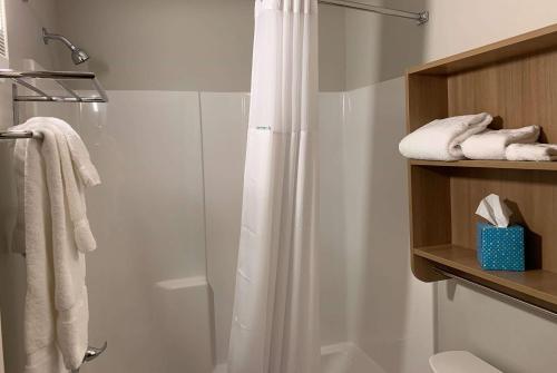 a bathroom with a shower with a shower curtain at Microtel Inn & Suites by Wyndham Woodland Park in Woodland Park