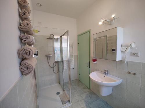 een badkamer met een wastafel, een toilet en een douche bij La Rosa di Orvieto in Orvieto