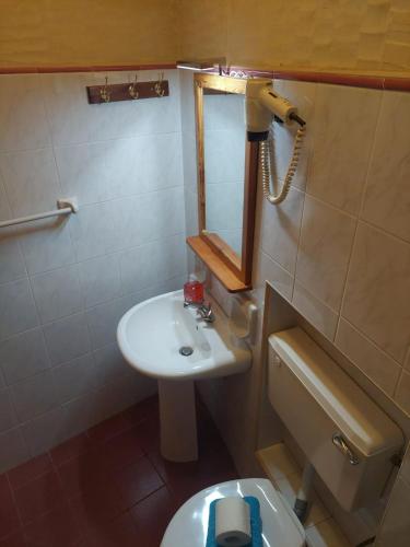 a small bathroom with a sink and a toilet at MJ Farmhouse B&B in Xagħra