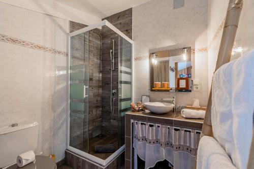 a bathroom with a glass shower and a sink at Les Chambres d'Ovaline in Saint-Émilion