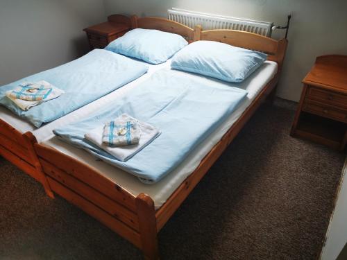 2 łóżka pojedyncze z 2 poduszkami i tacą w obiekcie Penzion Ráj w mieście Blíževedly