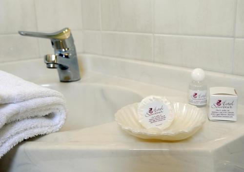 lavabo en el baño con una botella de jabón y un tazón en Hotel Souvenir, en Bellaria-Igea Marina