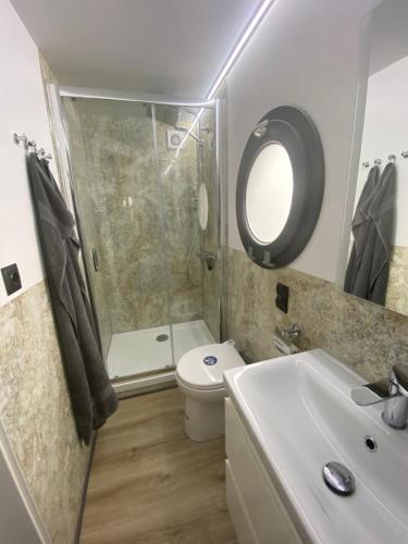 a bathroom with a shower and a toilet and a sink at Hausboot Claudia Schleswig in Schleswig