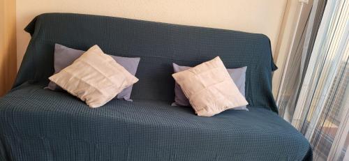 - un canapé vert avec 2 oreillers dans l'établissement Les Jardins 2 Port de Plaisance et piscine 2, au Grau-du-Roi