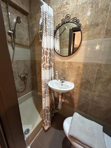 łazienka z umywalką i zasłoną prysznicową w obiekcie Kipros Accommodation w Nikozji