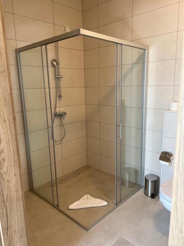a shower with a glass enclosure in a bathroom at Boardinghouse MDS in Aschheim