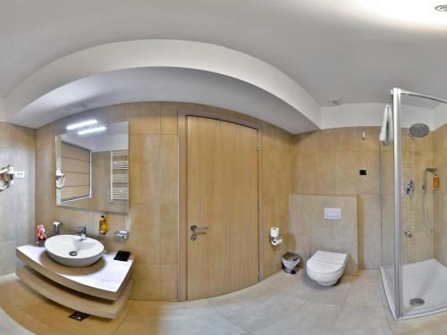 a bathroom with a sink and a toilet and a shower at Hotel Condor Tulcea in Tulcea