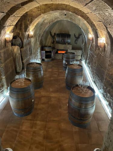 a group of wine barrels in a cellar at CASA PEQUE in Laguardia