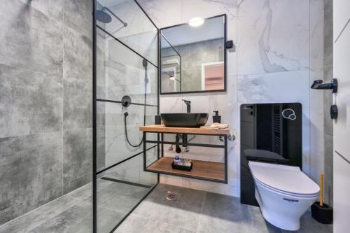 a bathroom with a shower with a toilet and a sink at Apartman Hanna Toplice Sveti Martin in Sveti Martin na Muri