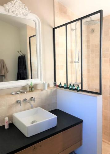 une salle de bain avec un lavabo blanc et un miroir dans l'établissement Villa Ty Bonheurs Les Issambres vue mer magnifique, aux Issambres