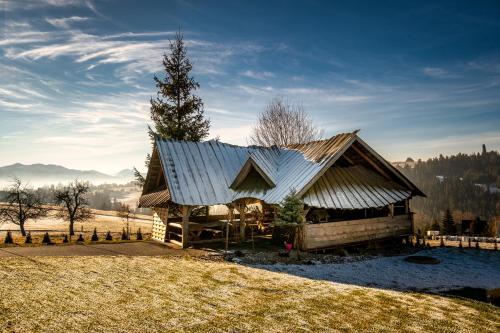 a log cabin with a tin roof on a field at Willa Paula in Ząb