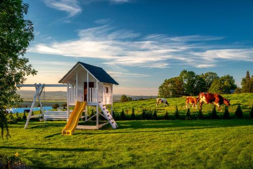 a playground with a slide and a house in a field at Willa Paula in Ząb