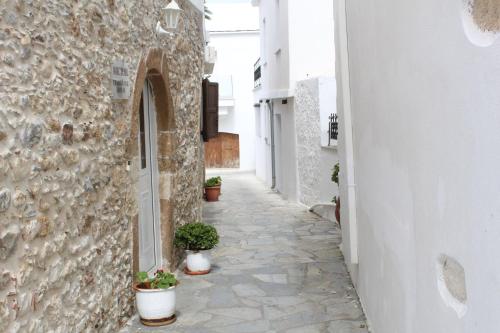 an alley with potted plants on the side of a building at Piedra Residence in Pigi