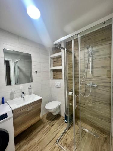 a bathroom with a shower and a toilet and a sink at Apartman Eden in Brčko