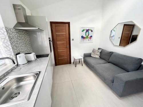 una pequeña sala de estar con sofá y lavamanos en 3 Cosy Homes Walking Distance to Mall with Parking Available to Book Separately 3 Bed House Or 1 Bed Apartment Or Studio, en Golders Green