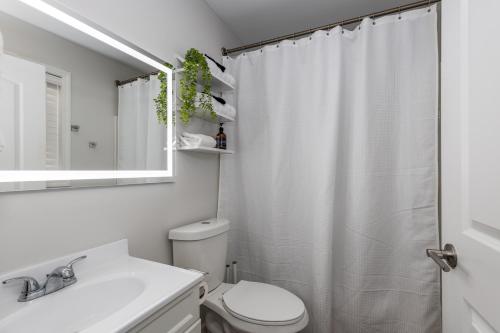 a white bathroom with a shower curtain and a toilet at Starved Rock & Ottawa Retreat Amazing Getaway Home in Ottawa