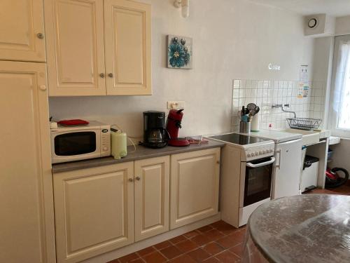 a kitchen with white cabinets and a microwave at Gîte du Port in Châteauneuf-sur-Loire