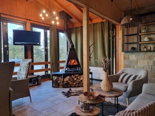 a living room with a fireplace and a tv at Dakota forest retreat in Tsigov Chark