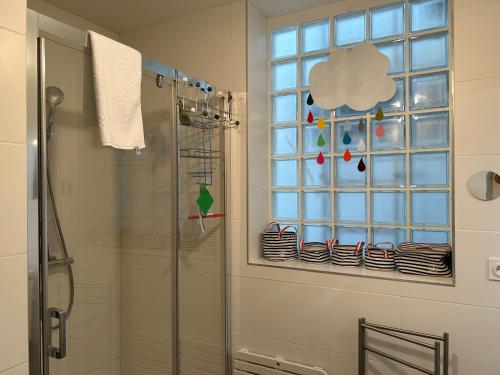 baño con ducha y ventana en Les Terrasses Marines - Vue imprenable sur le port de plaisance, en Vannes