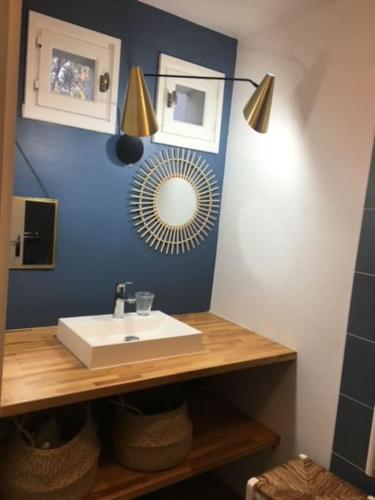 une salle de bain avec un lavabo et un miroir dans l'établissement Magnifique villa avec jardin clos à 5 min des plages à pied, à Dolus-d'Oléron