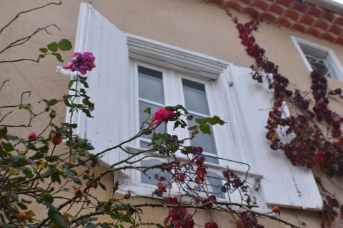 una finestra con fiori rosa di fronte a un edificio di L'Occitania Chambre d'hotes a Puivert