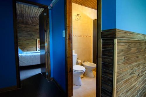 Hosteria Hainen في إل كالافاتي: حمام مع مرحاض وحمام مع سرير