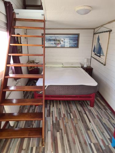 une chambre avec un lit superposé et une échelle dans l'établissement GITE DE LA CHALOUPE, à Saint-Pierre-Quiberon