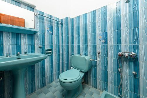 a bathroom with a blue toilet and a sink at Mary Hotel in Limenas