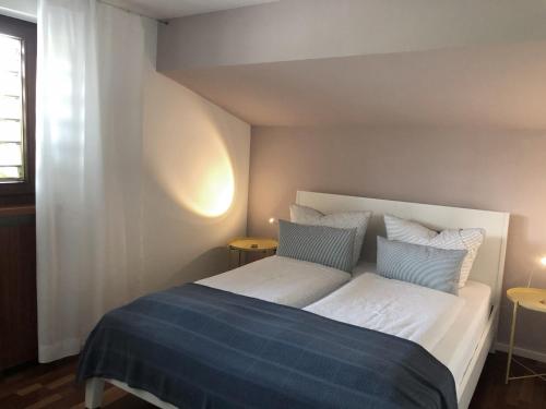 ein Schlafzimmer mit einem großen weißen Bett mit blauer Bettwäsche in der Unterkunft Zwischen Hafen und Strandbad in Konstanz