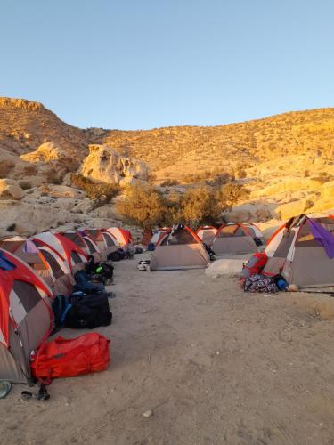 um grupo de tendas sentadas no deserto em Feynan wild camp em Al Khuraybah