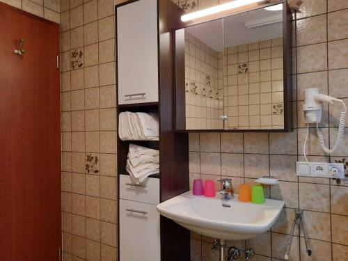 a bathroom with a sink and a mirror and a refrigerator at Ferienhus Klus 415 in Mellau