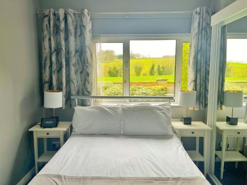 1 dormitorio con 1 cama con 2 mesitas de noche y una ventana en Elagh View Bed & Breakfast, en Derry Londonderry