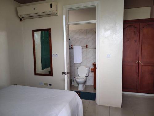 ein Schlafzimmer mit einem Bett und ein Badezimmer mit einem WC in der Unterkunft Iso’s Vacation Rental Apartment #7 in Portsmouth