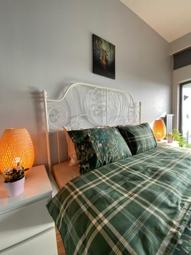 イスタンブールにあるAmazing Big Flat in Taksimのベッドルーム1室(緑の毛布とランプ付きのベッド1台付)