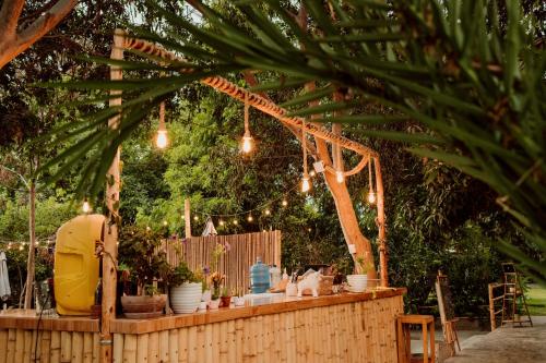 a wooden table with potted plants and lights at Hotel Fundo El Arrabal in Ica