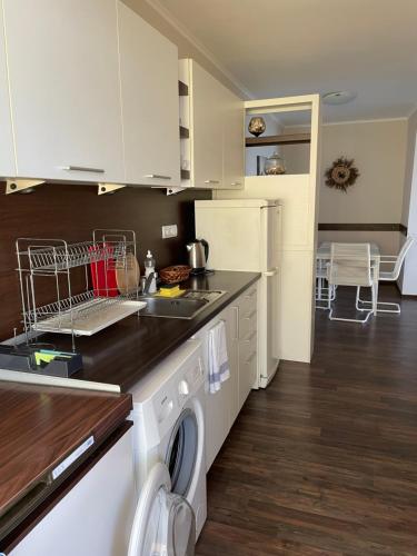eine Küche mit Waschmaschine und Trockner auf der Theke in der Unterkunft Apartment Marina in Pomorie