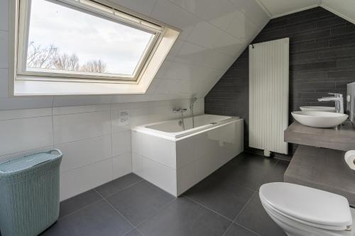 a bathroom with a toilet and a sink and a tub at Villapark Kamperfoelie 49 in De Koog