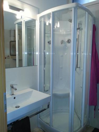 a bathroom with a glass shower and a sink at B&B Rosa Blu in Como