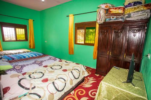 a bedroom with a bed and a green wall at La belle vue in Daher