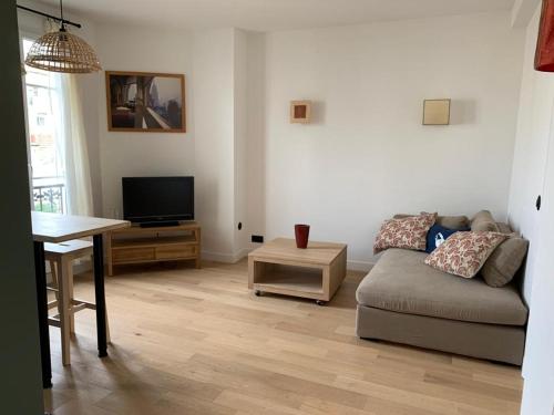 uma sala de estar com um sofá e uma televisão de ecrã plano em Joli appartement proche de Paris em Boulogne-Billancourt