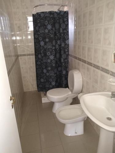 a bathroom with a toilet and a sink and a shower at Gracyal in Chascomús