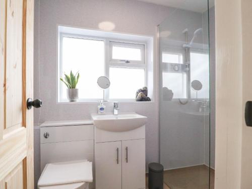 een badkamer met een toilet, een wastafel en een douche bij Anandom in Blackpool