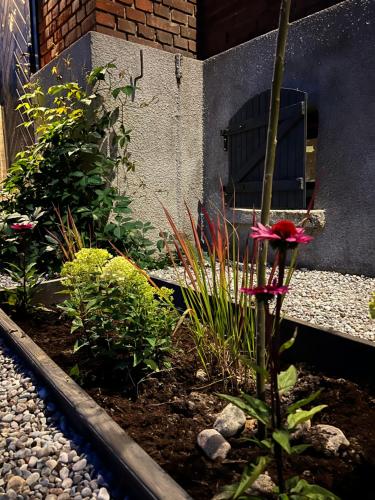 a garden with a flower and some plants and a building at Ublik Stacja in Ublik